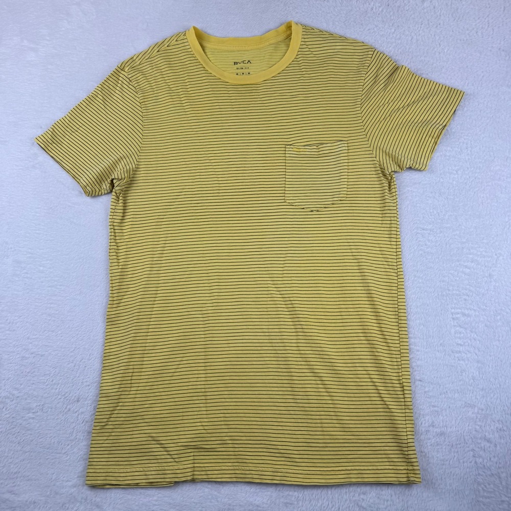 RVCA Pocket Tee Mens Medium Yellow Striped Slim Fit Short Sleeve Crewneck